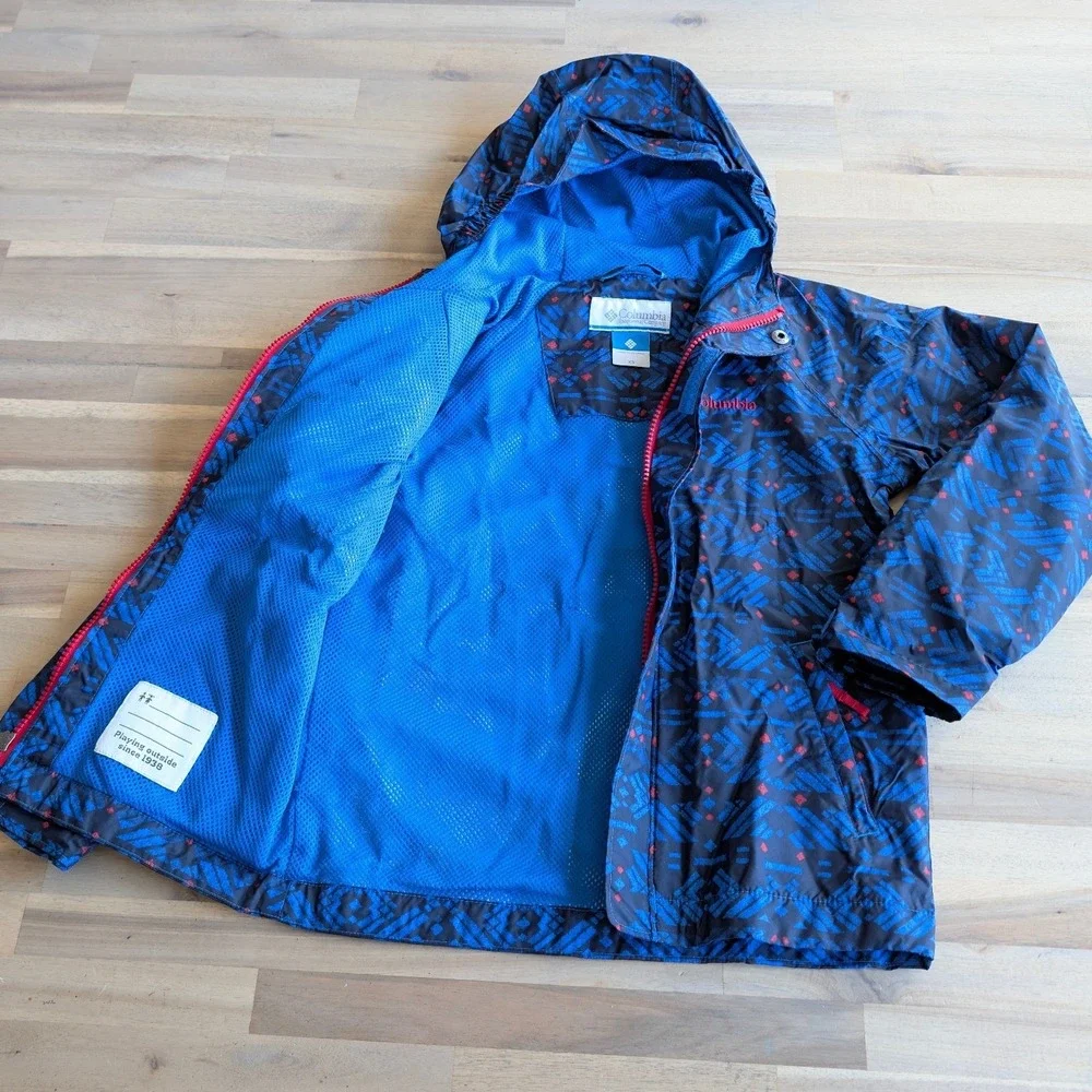 Columbia‎ Boys XS Blue Geometric Print Hooded Mesh Lined Windbreaker Jacket